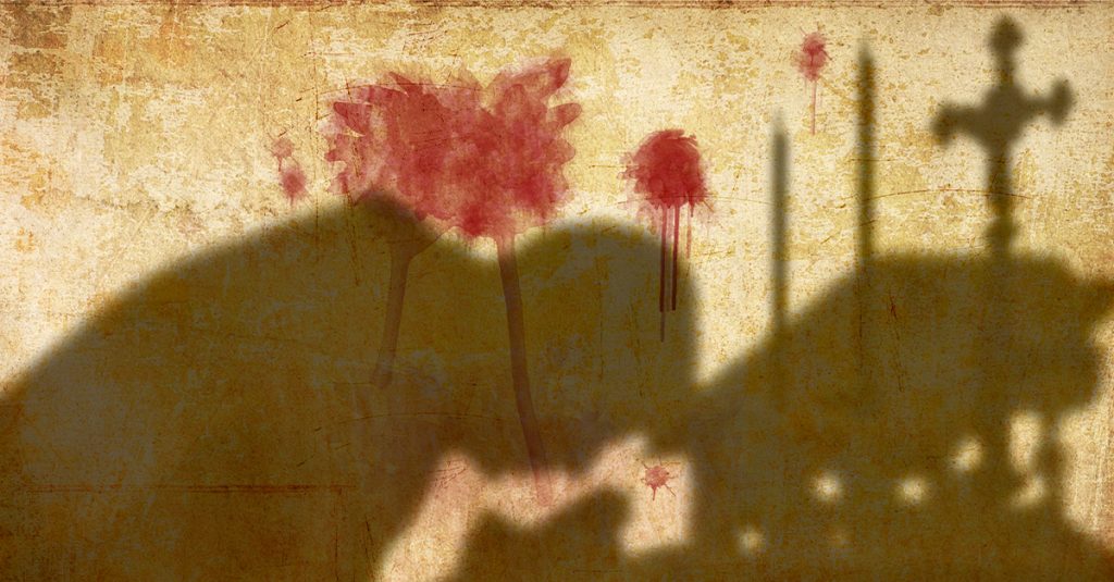 Shadow of a cross on a distressed background with red splatters, symbolizing worldwide Christian persecution.