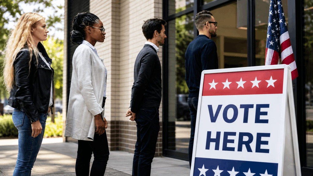 Voters wait in line outside a polling place beside a “Vote Here” sign