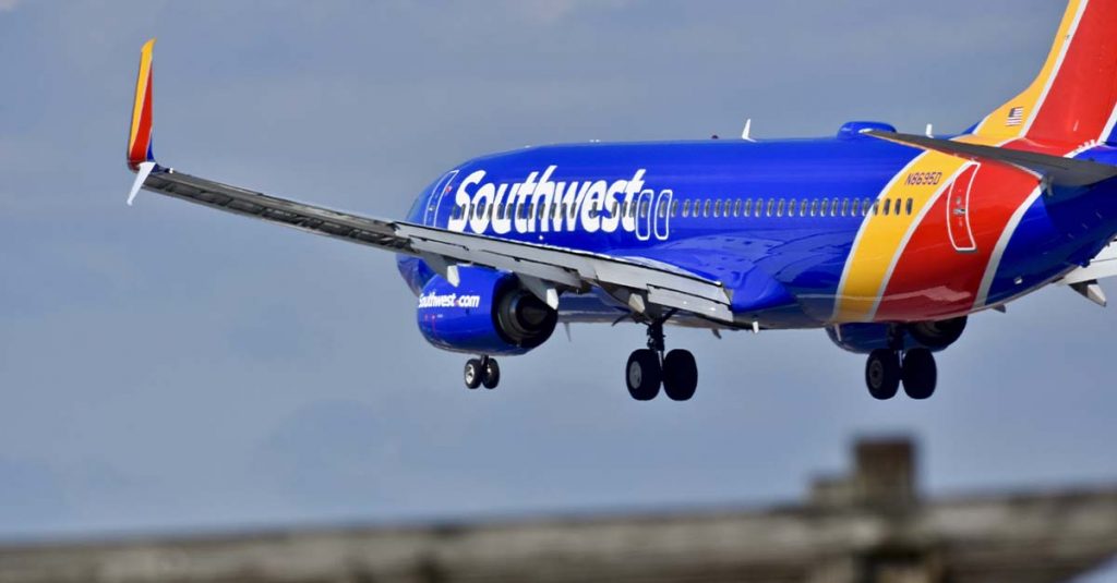 Southwest Airlines passenger jet descending for landing