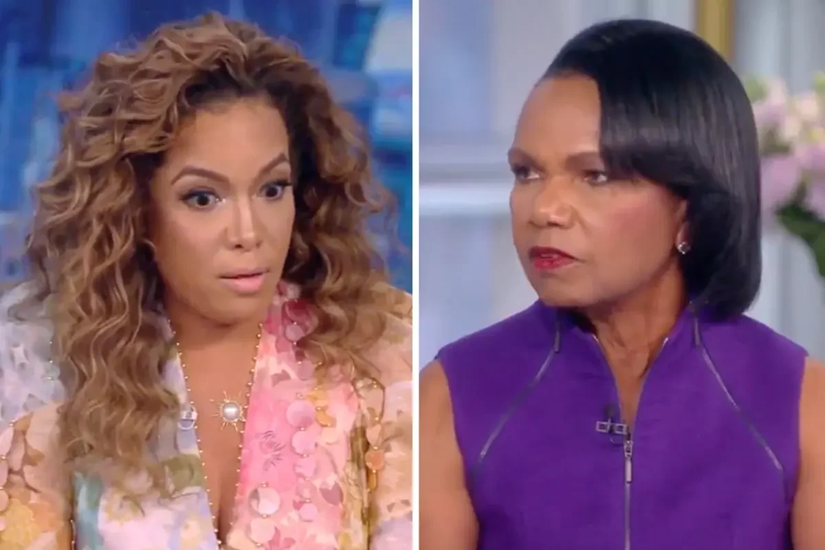 Split screen from daytime talk show, The View, showing co-host, Sunny Hostin on the left, and guest, Condoleezza Rice on the right, mid-discussion.