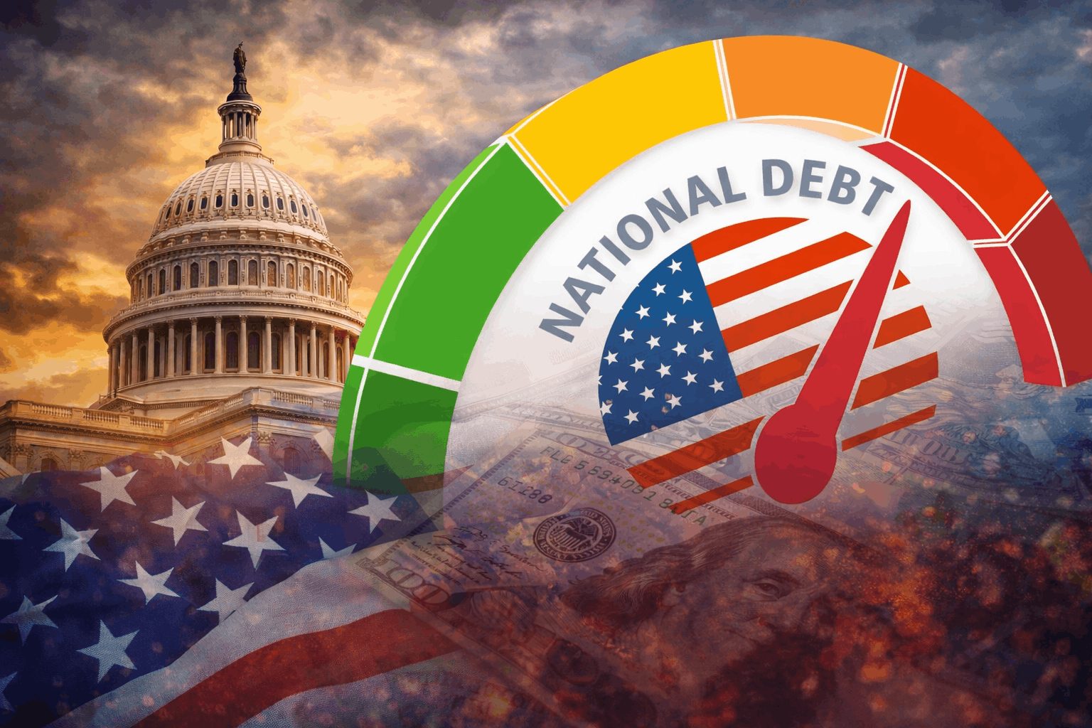 US Capitol building under a dramatic sky beside a large national debt gauge with the needle in the red, overlaid with a faded American flag and US dollar bills.