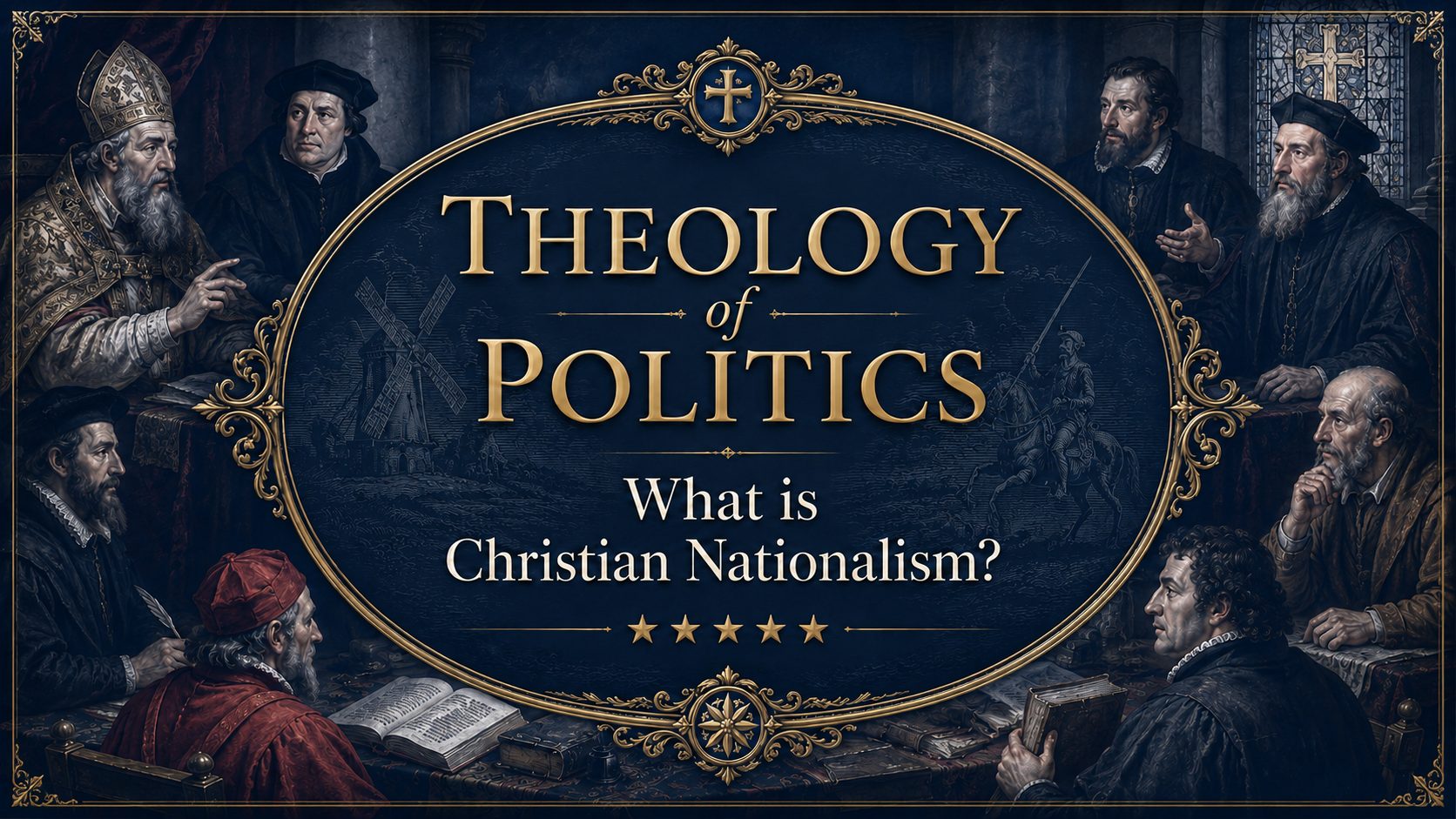 Theology of Politics graphic titled “What is Christian Nationalism?” featuring a deep blue Renaissance-style design with gold ornamentation, Christian theologians and scholars in debate, a central oval title frame, a windmill and rider imagery, stained glass, books, and five gold stars.