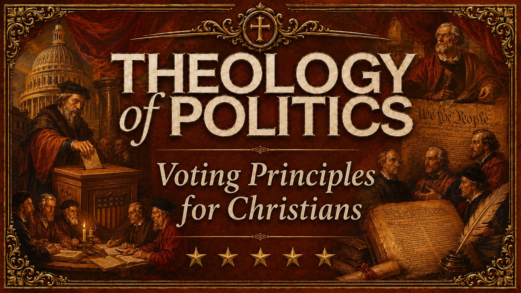 Theology of Politics graphic titled “Voting Principles for Christians,” featuring a red-orange Renaissance-style design with gold ornamentation, a ballot box, the U.S. Capitol, founding document imagery, and five gold stars.