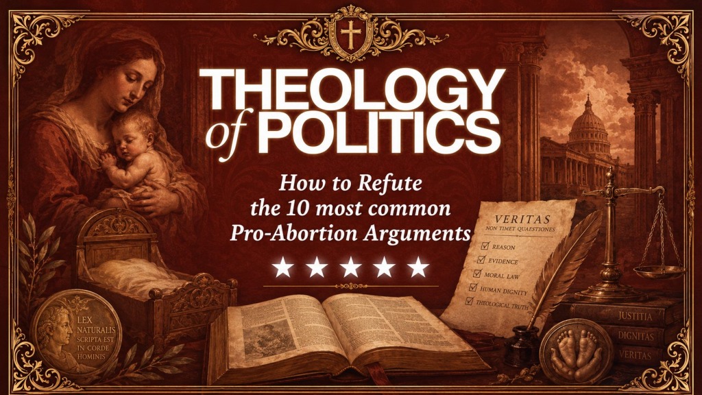 Theology of Politics graphic titled “How to Refute the 10 most common Pro-Abortion Arguments,” featuring a deep red Renaissance-style design with gold ornamentation, a mother and child, an open Bible, scales of justice, a natural law medallion, a truth checklist, civic architecture, and five white stars.