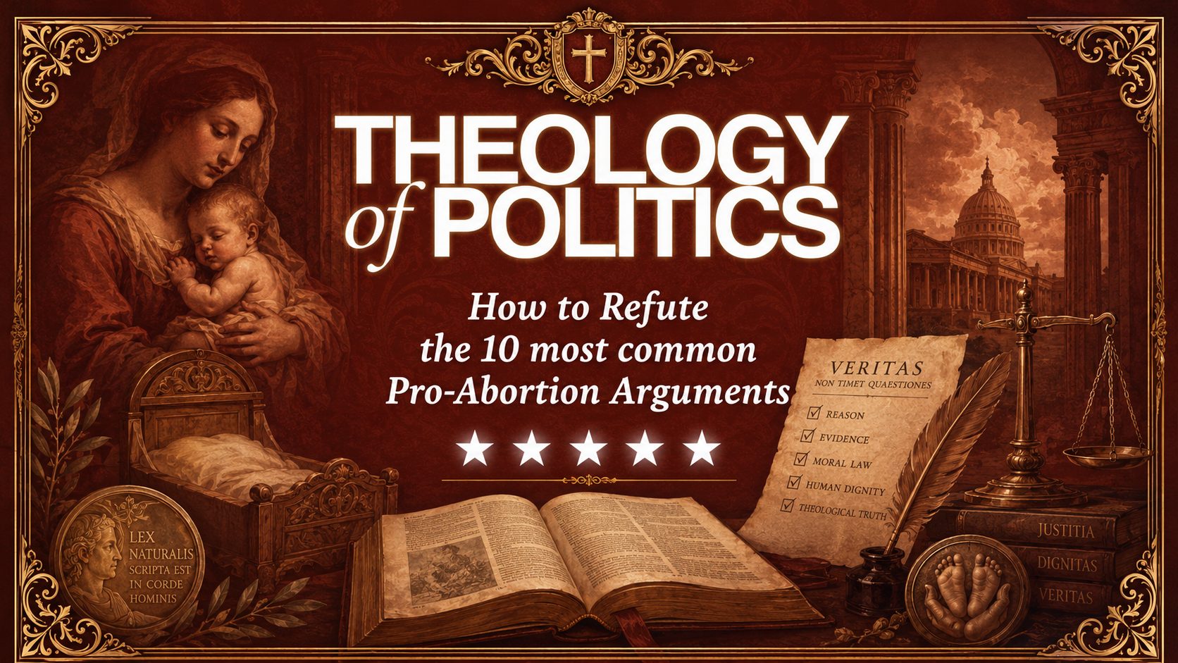 Theology of Politics graphic titled “How to Refute the 10 most common Pro-Abortion Arguments,” featuring a deep red Renaissance-style design with gold ornamentation, a mother and child, an open Bible, scales of justice, a natural law medallion, a truth checklist, civic architecture, and five white stars.
