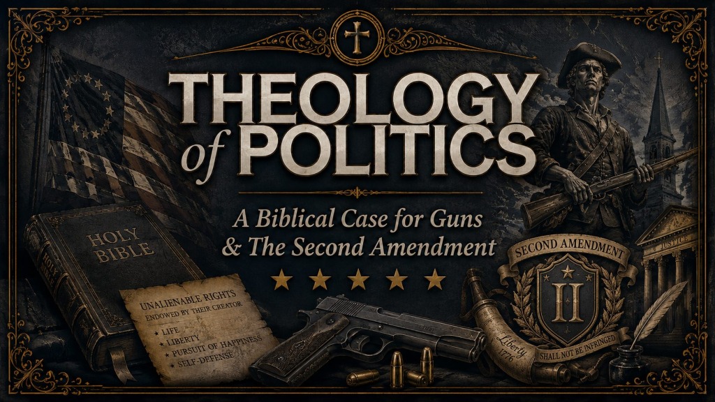 Theology of Politics graphic titled “A Biblical Case for Guns & The Second Amendment,” featuring a dark blue-gray Renaissance-style design with gold ornamentation, a Holy Bible, early American flag, colonial rifleman, handgun, bullets, church steeple, justice building, and Second Amendment shield.
