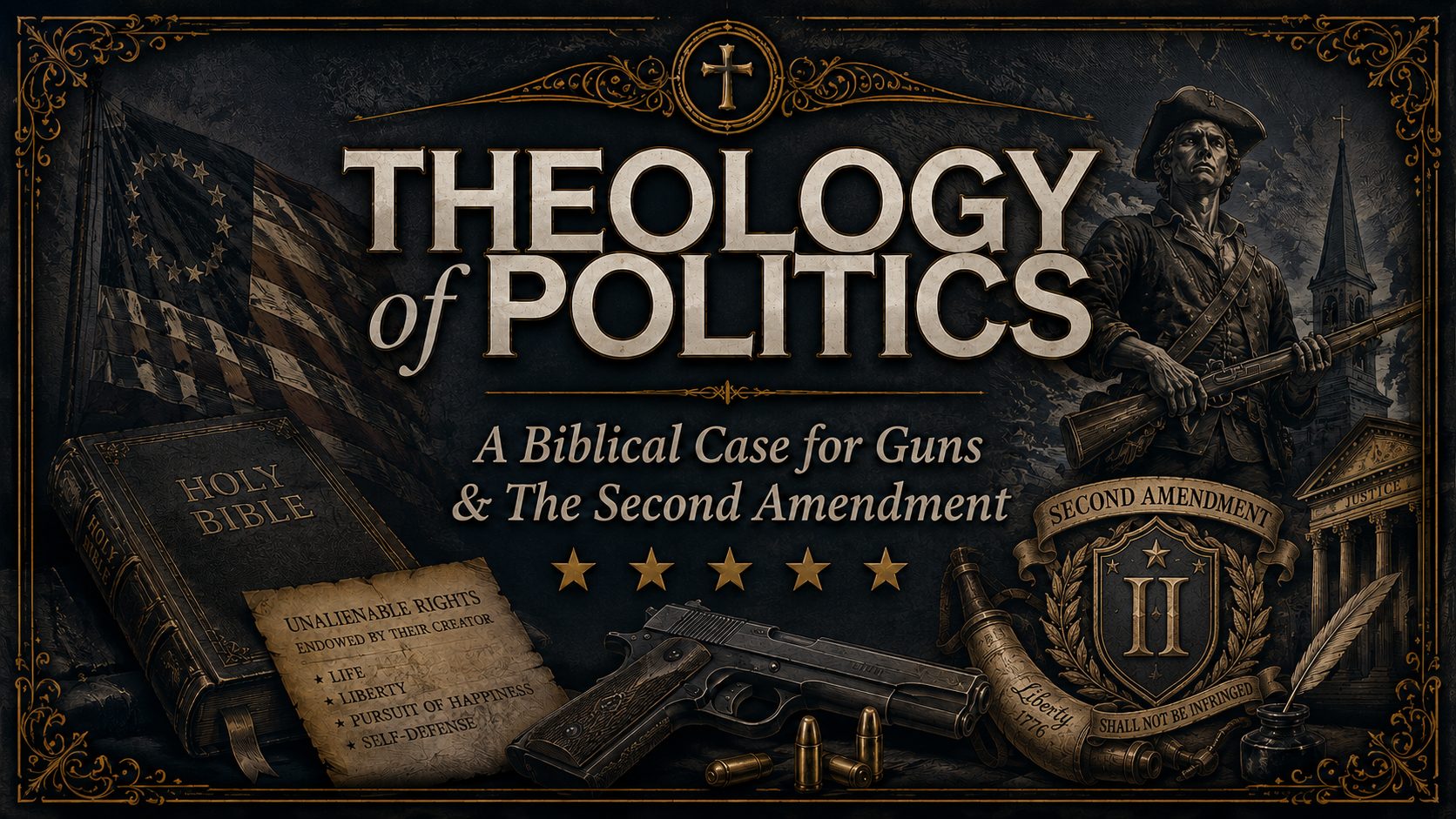 Theology of Politics graphic titled “A Biblical Case for Guns & The Second Amendment,” featuring a dark blue-gray Renaissance-style design with gold ornamentation, a Holy Bible, early American flag, colonial rifleman, handgun, bullets, church steeple, justice building, and Second Amendment shield.