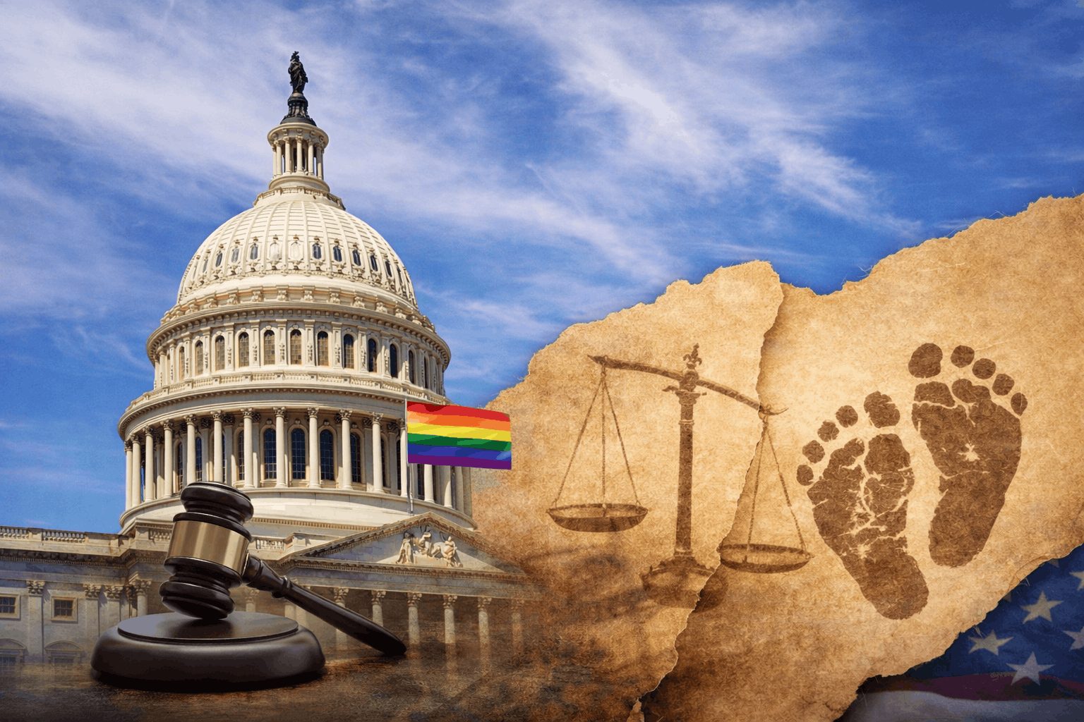 Composite image of the U.S. Capitol with a rainbow flag, a judge’s gavel, and torn parchment showing scales of justice and baby footprints.