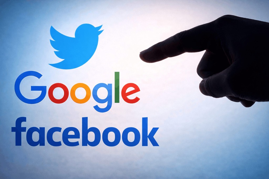 Logos for Twitter, Google, and Facebook with a silhouetted pointing hand in the foreground.