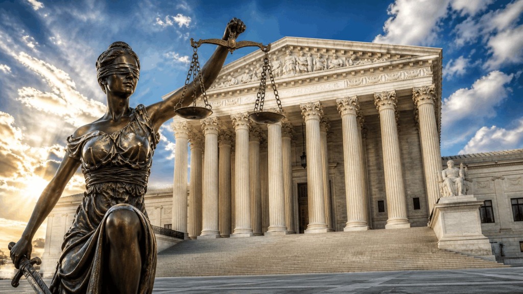 Lady Justice statue in front of the U.S. Supreme Court, symbolizing the legal fight over Christian counseling, free speech, and religious liberty.