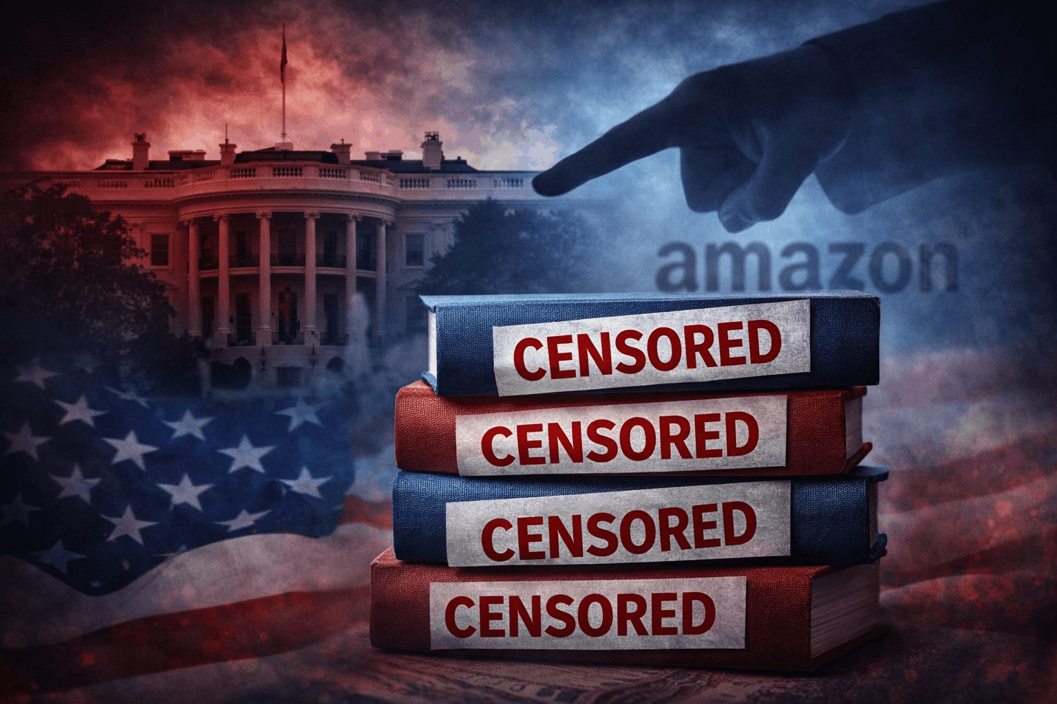 Illustration of the White House behind a stack of books labeled “CENSORED,” with a pointing hand and a blurred Amazon logo over a U.S. flag background.