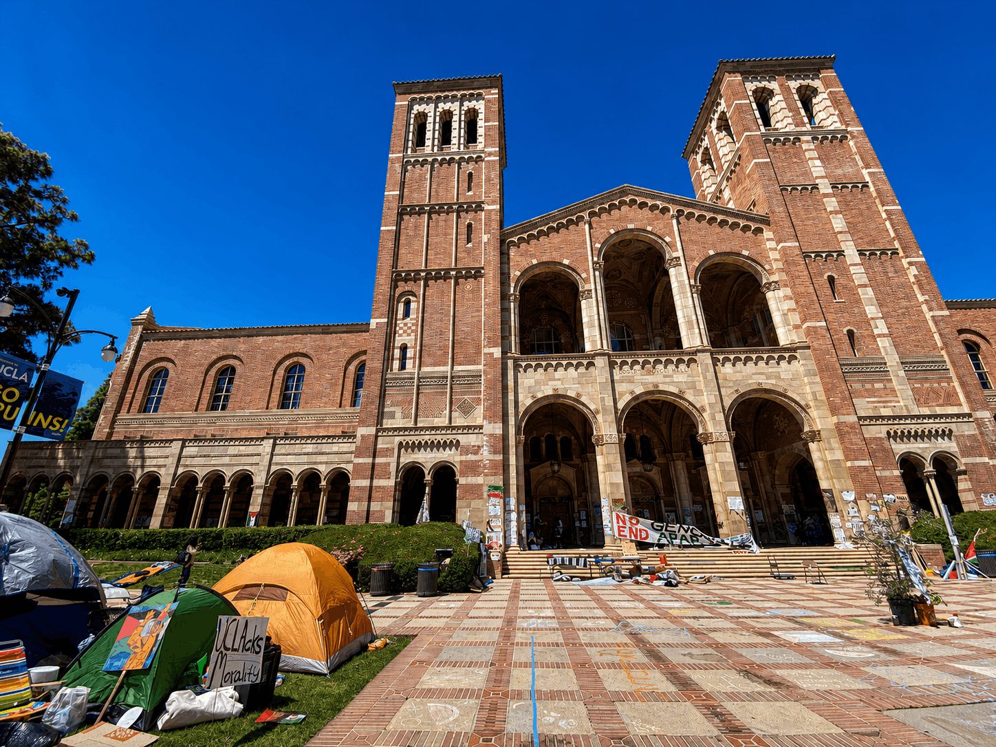 Pro-Palestinian encampment in UCLA’s central plaza facing Royce Hall in April 2024.