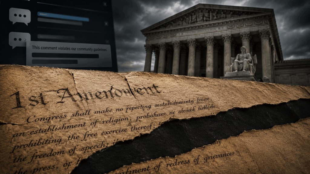 Torn First Amendment parchment in front of the U.S. Supreme Court with a social media censorship warning in the background, symbolizing government pressure on online speech.