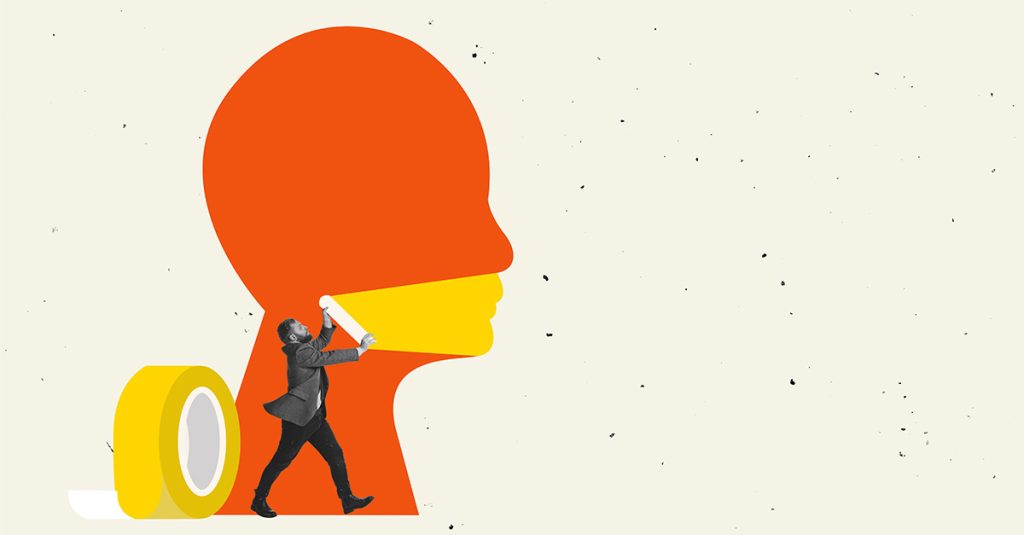 Illustration of a man placing tape over the mouth of a large human silhouette, representing censorship and restrictions on speech.