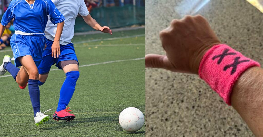 (Left) Girl soccer players go after a loose ball; (Right) a photo of the pink wristband displaying "XX" that was worn by the fathers and grandfather at soccer game at Bow School District.