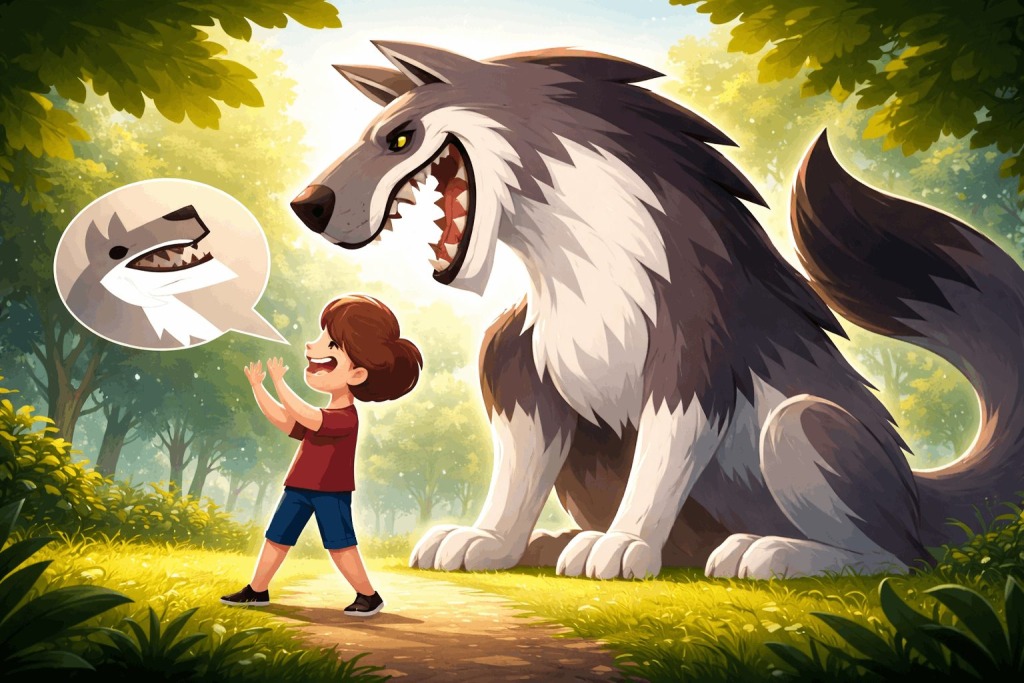 Illustration of a boy shouting about a wolf while a large wolf stands behind him.