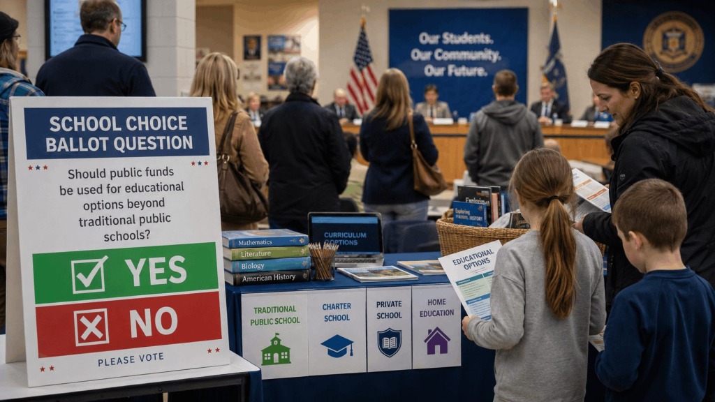 Parents and children review school choice information beside a ballot question sign asking whether public funds should support education options beyond traditional public schools.