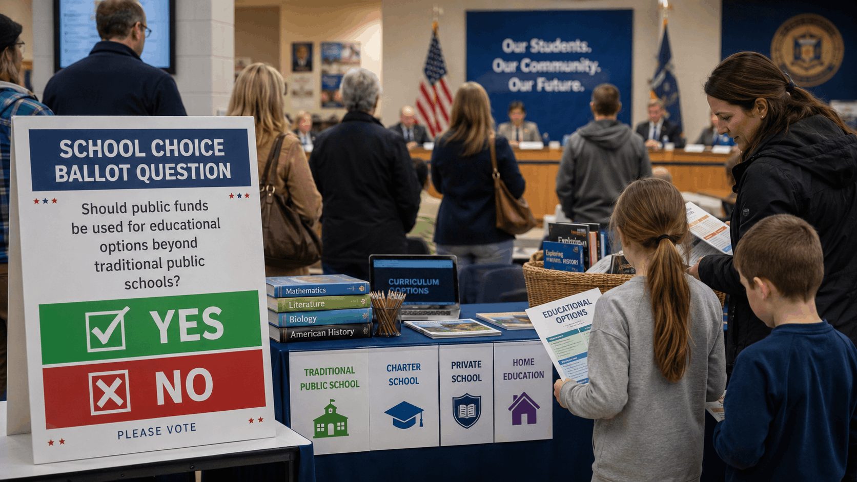 Parents and children review school choice information beside a ballot question sign asking whether public funds should support education options beyond traditional public schools.