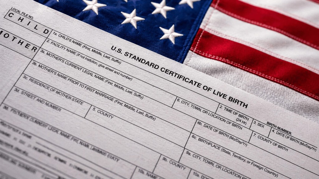 Close-up of a U.S. birth certificate laid over an American flag, symbolizing the debate over birthright citizenship and national identity.