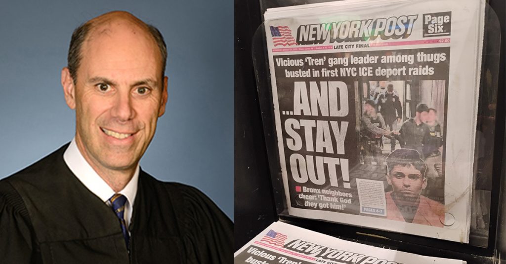 Split image of U.S. District Court Judge James Boasberg in a courtroom robe and a New York Post front page about ICE deportation raids.