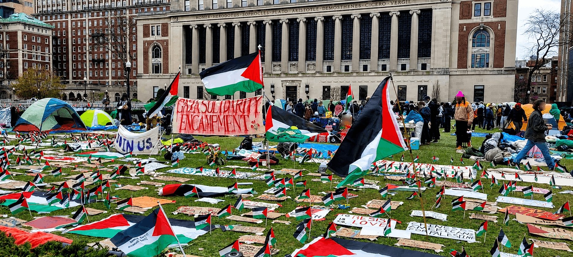 Palestinian flags and protest signs fill the reinstated Gaza Solidarity Encampment on Columbia University’s campus in April 2024.