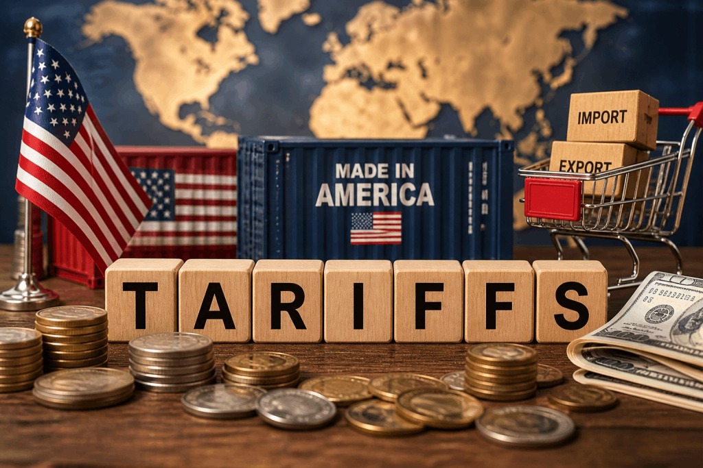 Wooden blocks spelling “tariffs” surrounded by coins, U.S. currency, American flags, shipping containers, and import-export boxes, symbolizing trade policy and American economic sovereignty.