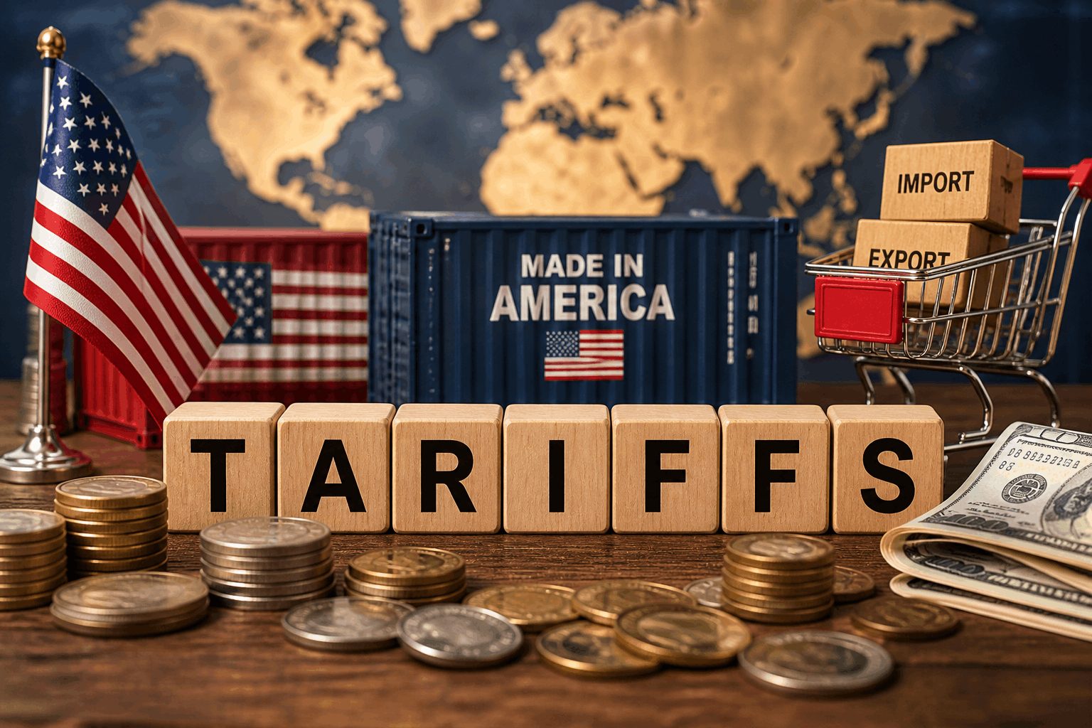 Wooden blocks spelling “tariffs” surrounded by coins, U.S. currency, American flags, shipping containers, and import-export boxes, symbolizing trade policy and American economic sovereignty.