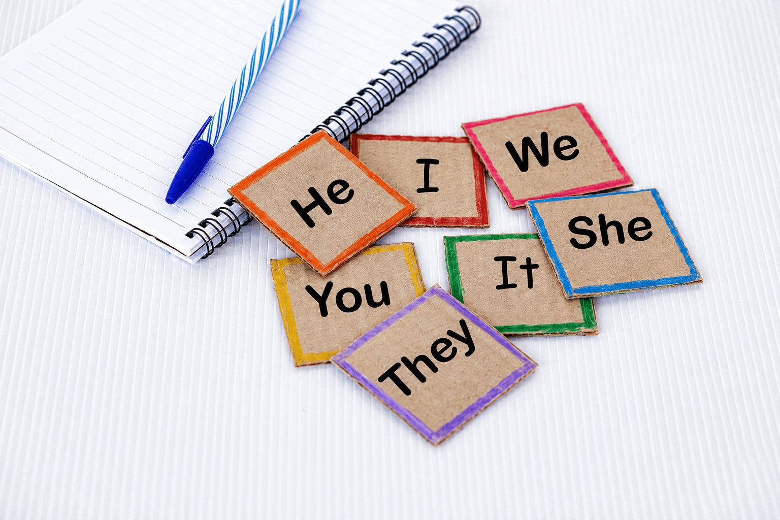 Pronoun cards labeled he, she, they, we, I, you, and it arranged beside a notebook and pen, representing debate over compelled pronoun use in schools.