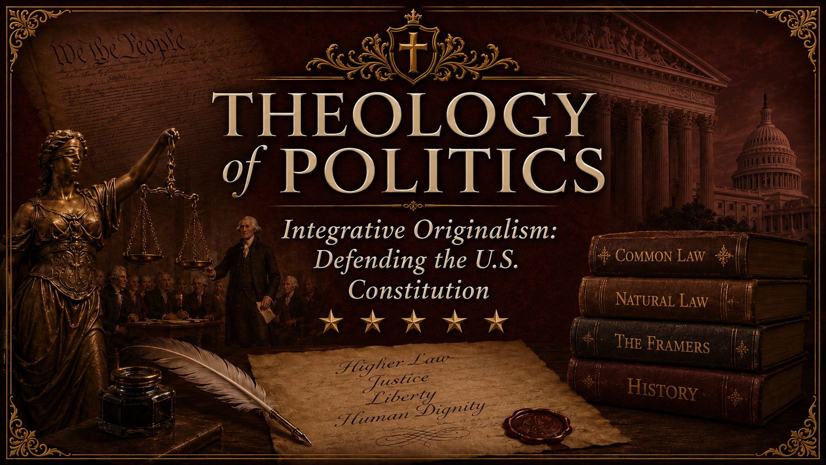 Theology of Politics graphic titled “Integrative Originalism: Defending the U.S. Constitution,” featuring a crimson Renaissance-style design with gold ornamentation, Lady Justice, founding-era figures, a “We the People” parchment, Supreme Court and Capitol imagery, a quill, legal books labeled Common Law, Natural Law, The Framers, and History, and five gold stars.