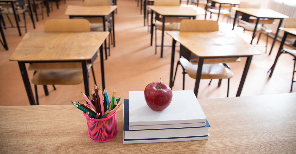 A modern classroom with empty desks