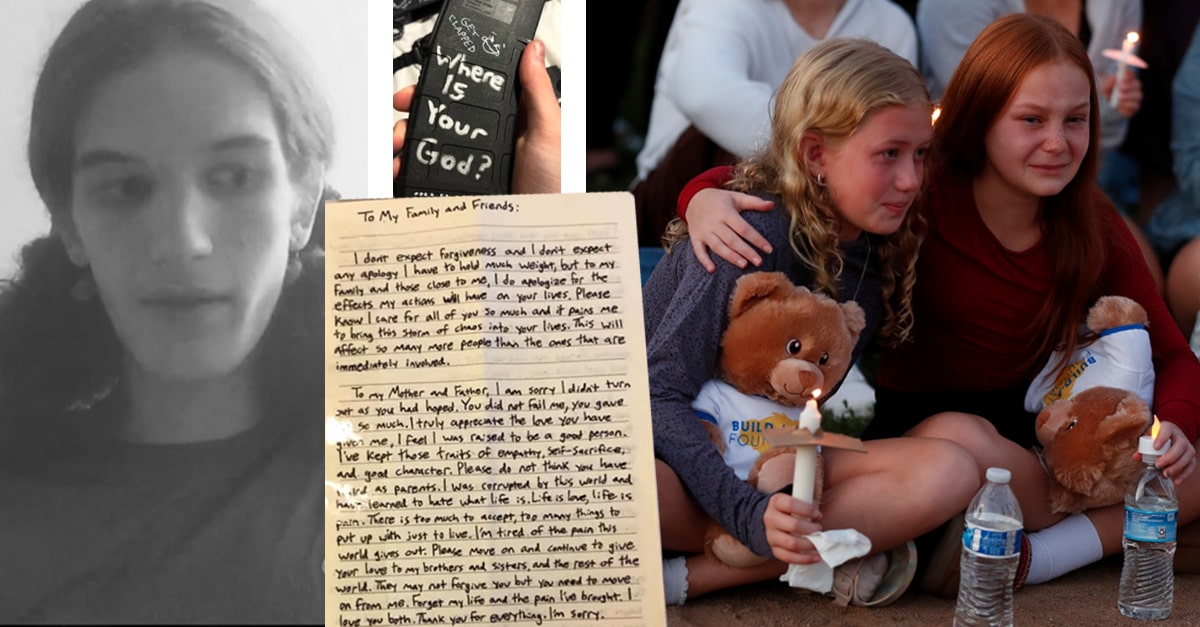 Photo collage of Minneapolis "Robin" Westman, a gun magazine inscribed with "Where Is Your God?", a suicide note, and two little girls holding teddy bears at a vigil for the two children killed.