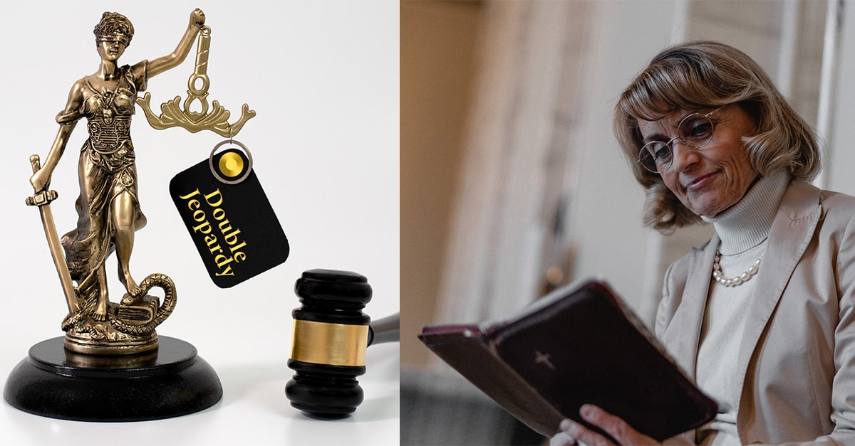 (Left) Lady Justice holds sign depicting "double jeopardy"; (right) Finnish MP Päivi Räsänen