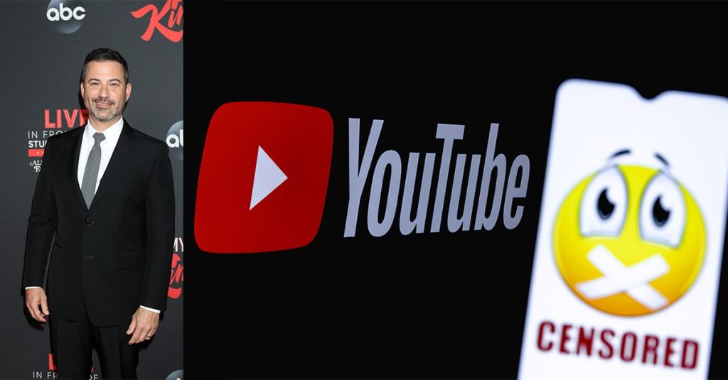 Jimmy Kimmel at an awards show and the symbol for YouTube overlaid with a smiley face being censored.