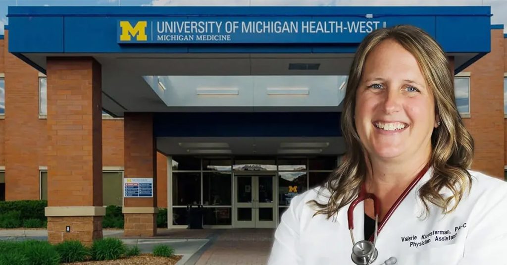 Photo illustration of physician assistant Valerie Kloosterman with University of Michigan Health-West in the background.
