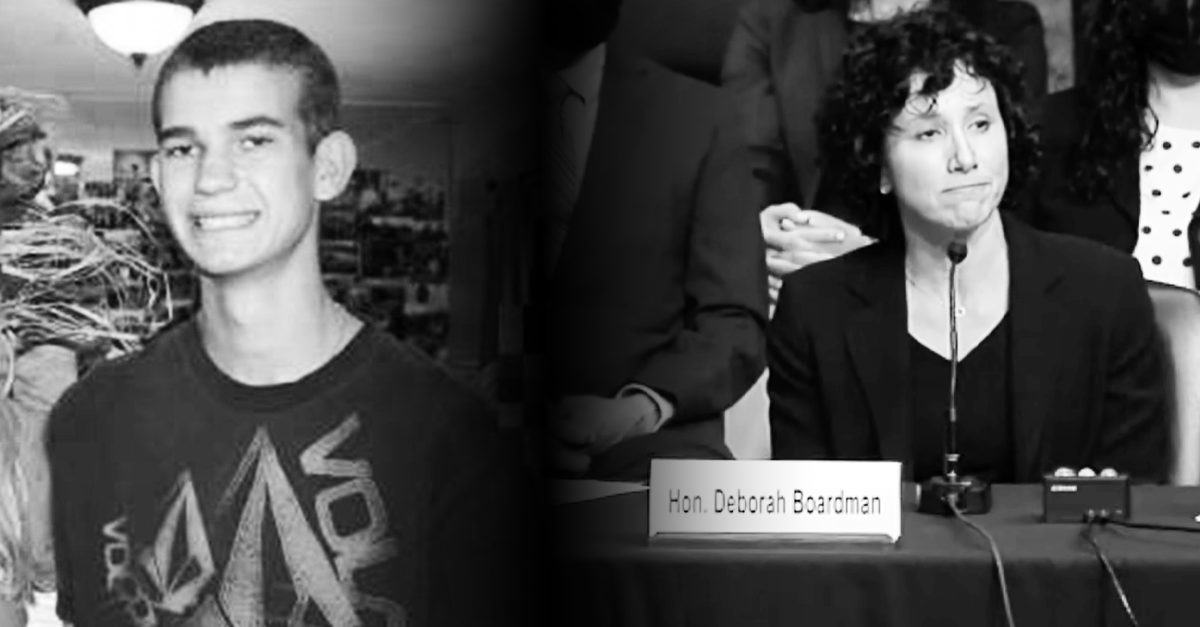 Nicholas Roske is seen smiling at an undated family function (left) and U.S. District Court Judge Deborah Boardman answers questions at her Senate confirmation hearing in 2021 (right).