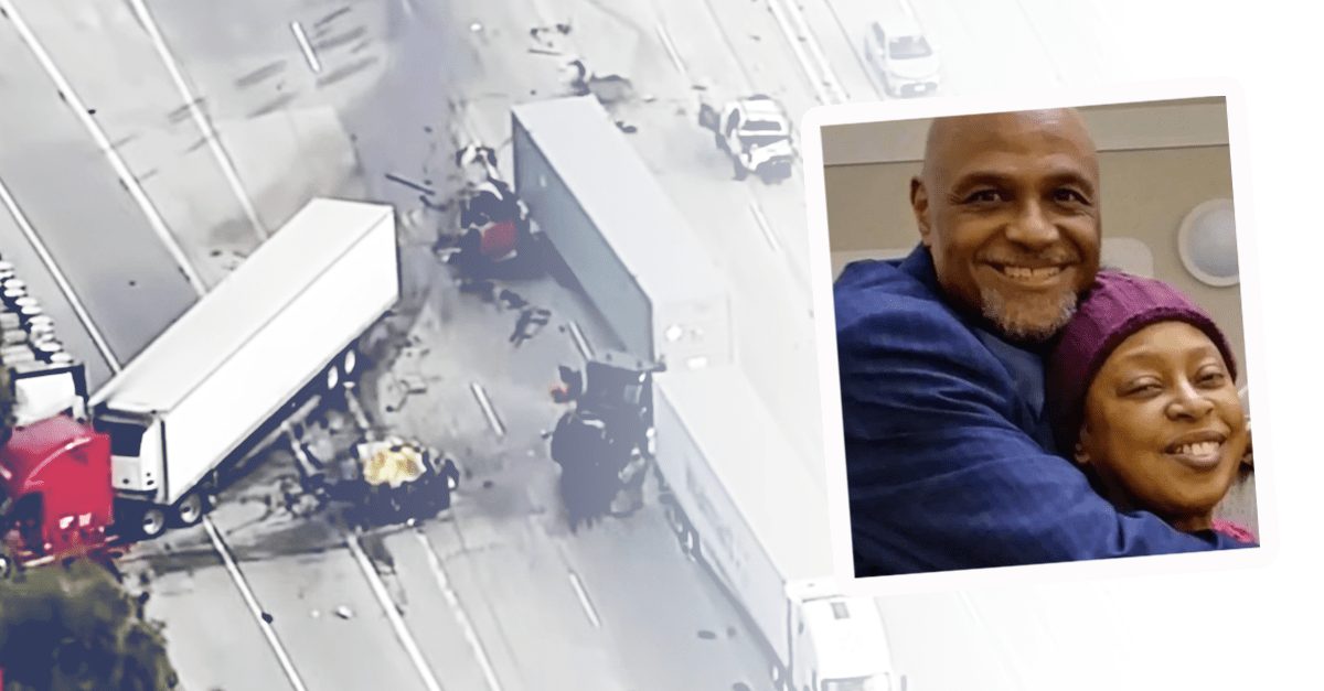 Scene of a deadly car crash caused by an illegal alien on Highway 10 in California (left); Clarence and Lisa Nelson, a married couple who were killed in the crash.