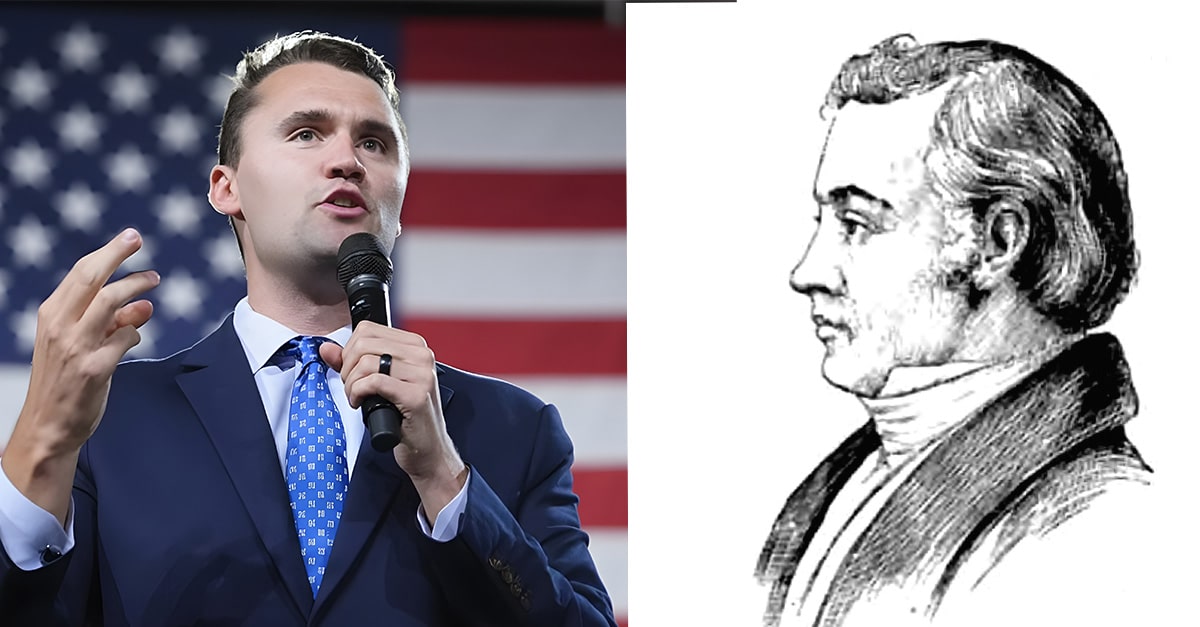 A full color photo of conservative influencer Charlie Kirk holding a microphone while speaking in front of an American flag and a pencil drawing of pastor and publisher Elijah Lovejoy.