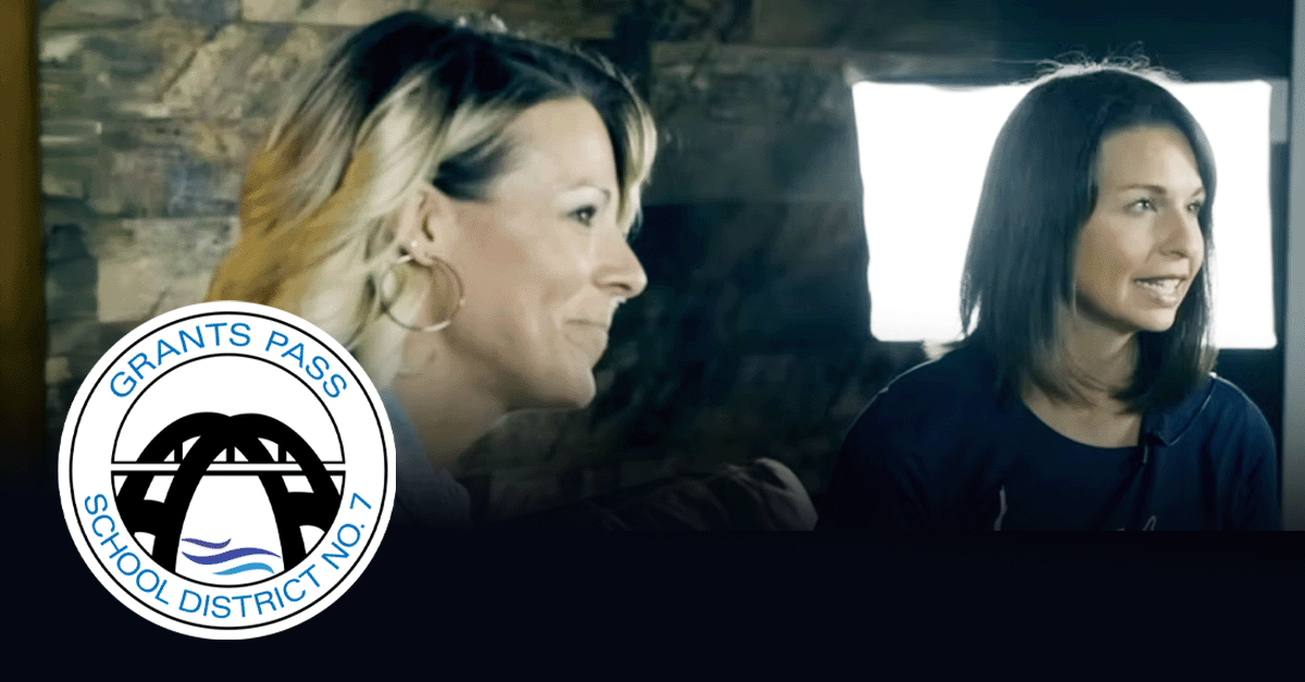 The logo for Grants Pass School District No. 7 next to photos of fired educators Katie Medart (left) and Rachel Sager (right)