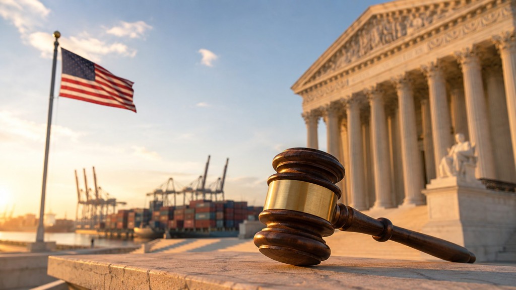 Wooden judge’s gavel in front of the U.S. Supreme Court, with an American flag and cargo port in the background.