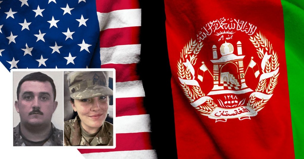 Against the backdrop of American and Afghanistan flags are photos of Andrew Wolfe and Sarah Beckstrom, members of the West Virginia National Guard who were targeted and shot by an Afghan refugee in Washington D.C. on November 26, 2025.