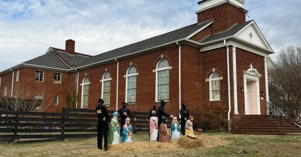 A Nativity scene at Missiongathering Church in Charlotte with ICE agents standing behind Mary, Joseph, and baby Jesus.