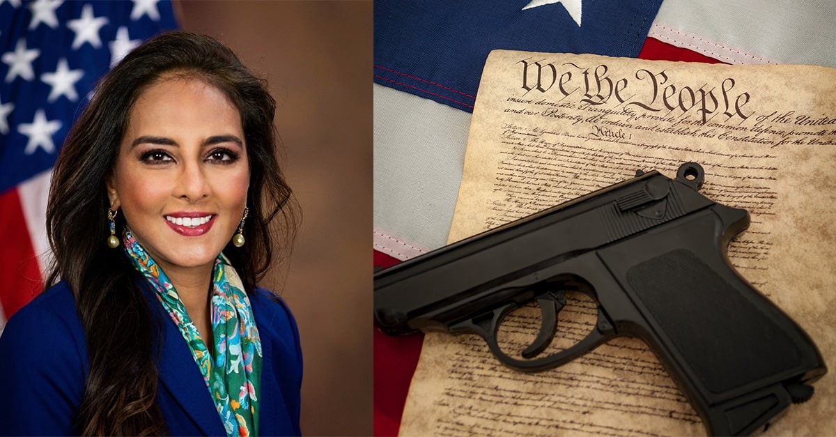 Photo of Harmeet Dhillon, assistant attorney general for civil rights, and a photo of a semi-automatic pistol on a copy of the Constitution and the American flag.