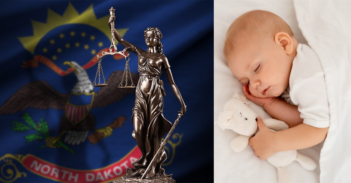 The North Dakota flag and lady justice holding up scales and a sword (left); and a newborn baby sleeping under covers (right).