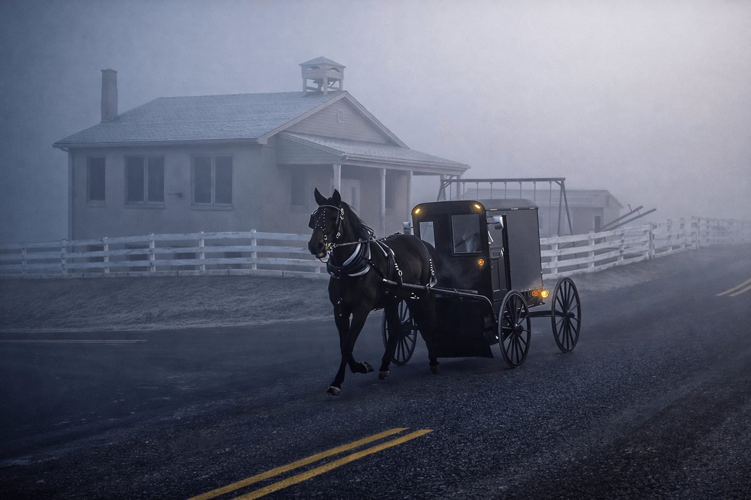 Horse-drawn Amish buggy travels a foggy rural road past a farmhouse and white fence.