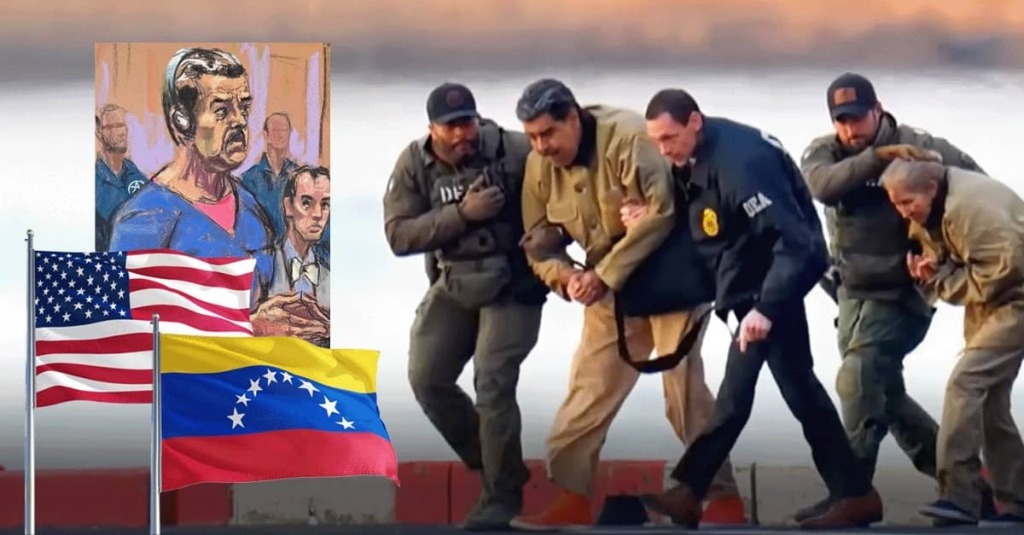 Composite image of U.S. agents escorting Nicolás Maduro in custody, with an American flag, Venezuelan flag, and courtroom sketch inset.