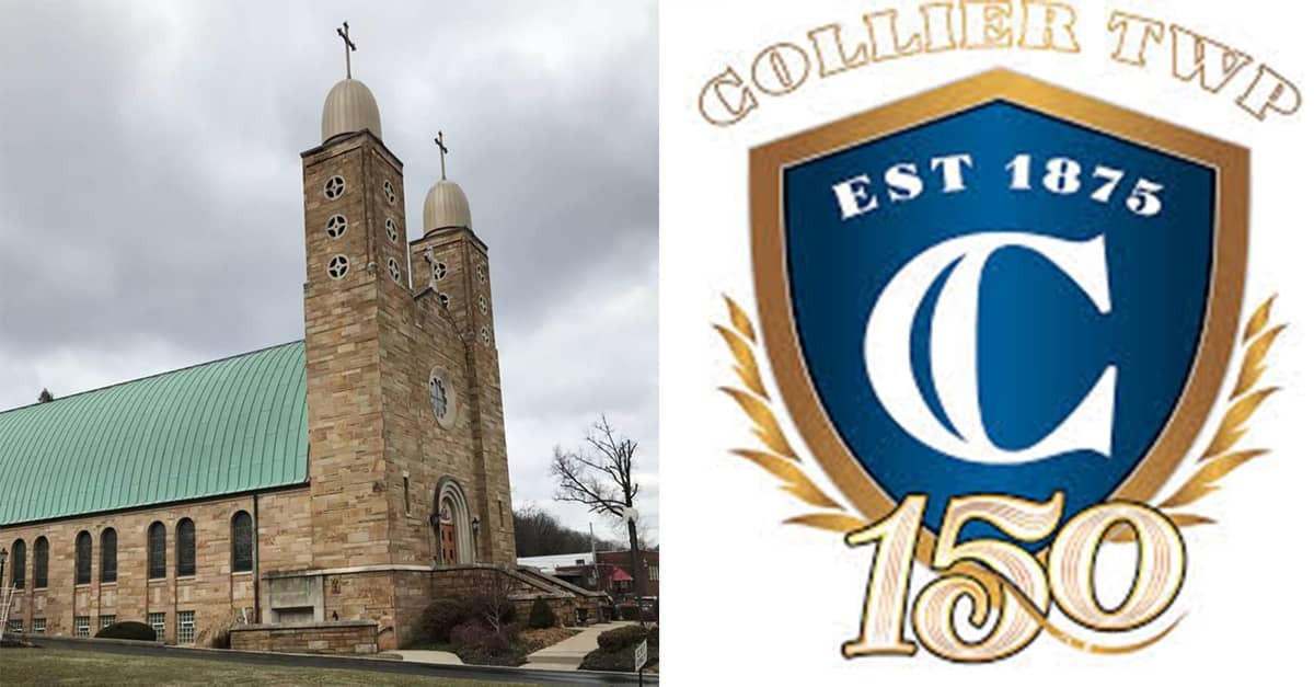 Holy Trinity Ukrainian Church (left); and an official town logo celebrating Collier's 150th anniversary in 2025.