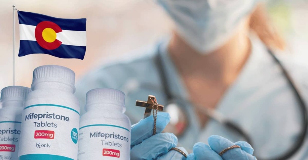 Colorado flag above mifepristone abortion pill bottles as a masked clinician holds a cross necklace.
