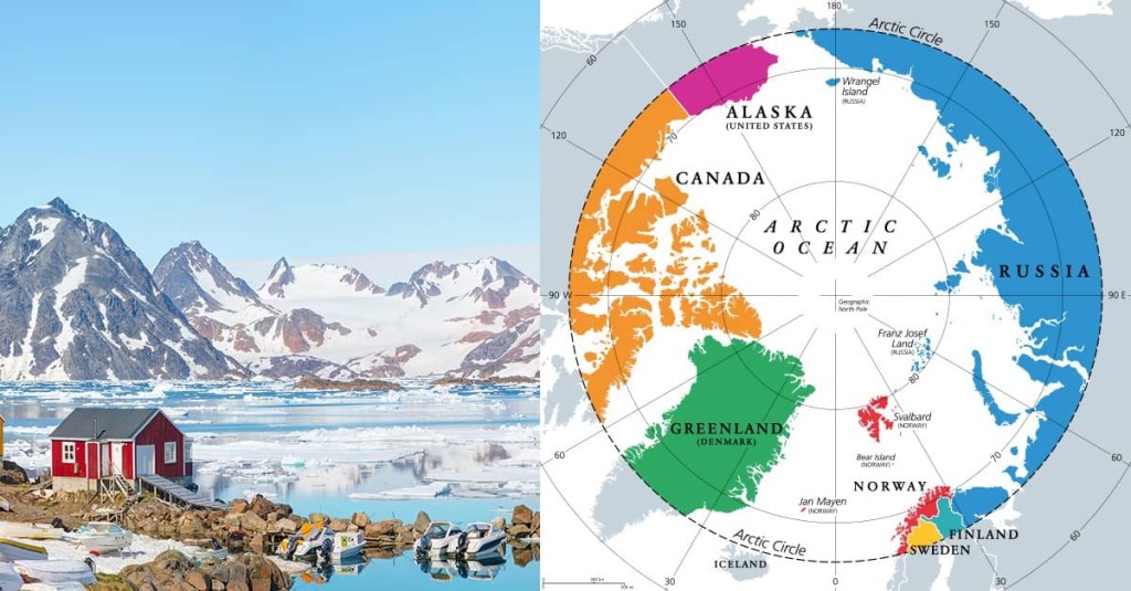 Split image of Greenland’s icy coastline and a polar map highlighting Greenland in the Arctic.