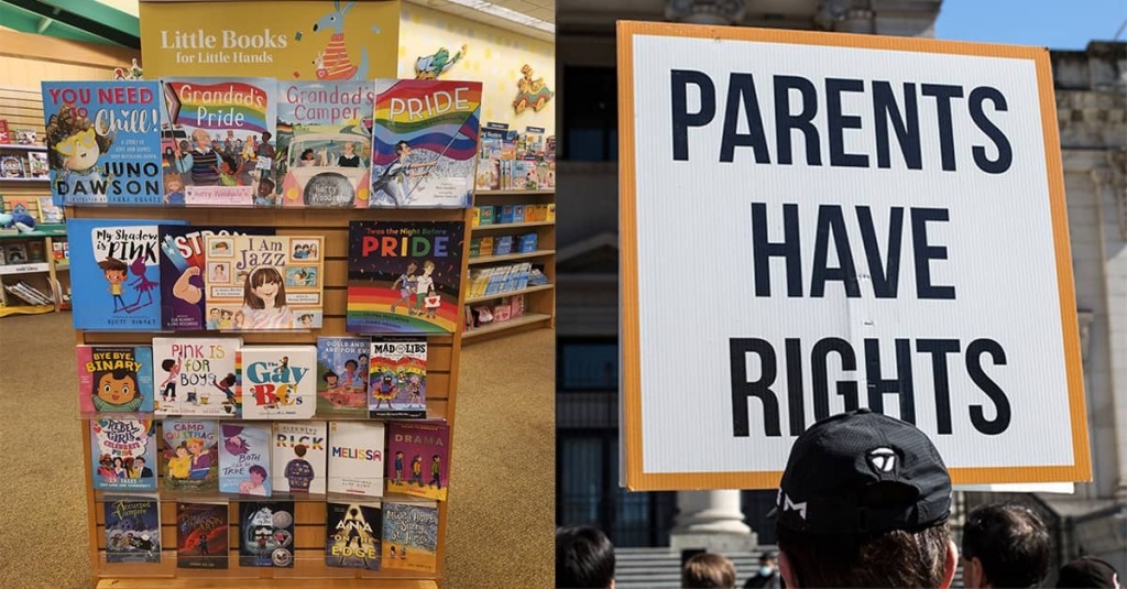 Display of children’s Pride-themed books beside a sign reading “PARENTS HAVE RIGHTS.”