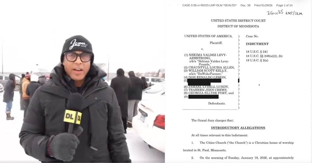 Don Lemon speaks to camera before going into Cities Church with anti-ICE mob to disrupt its Sunday morning worship service (left); and the unsealed grand jury indictment for Lemon and three other co-conspirators.